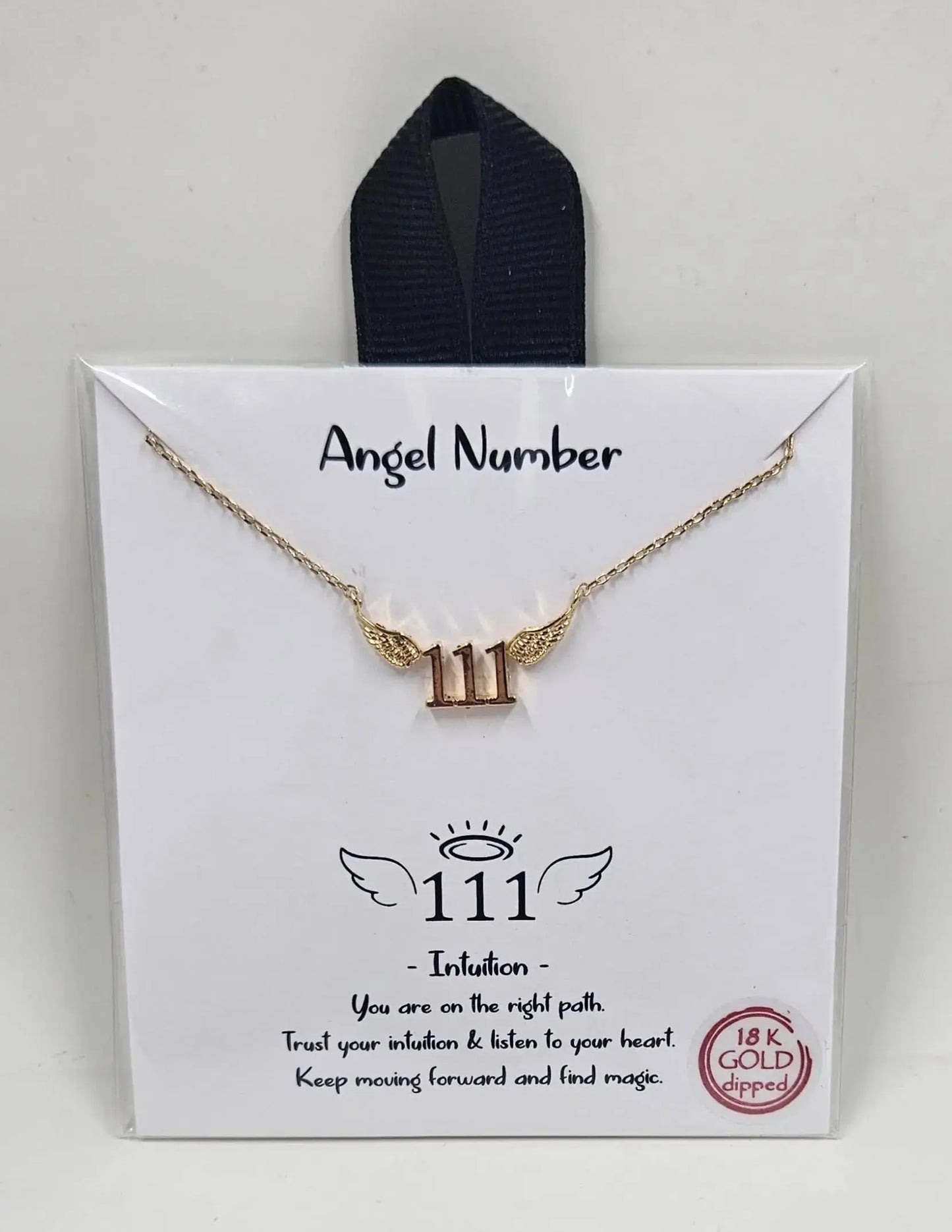 Angel Number Necklace with 111 in the center and angel wings surrounding it. Meant to represent intuition. Round The Mountain Gift Shop