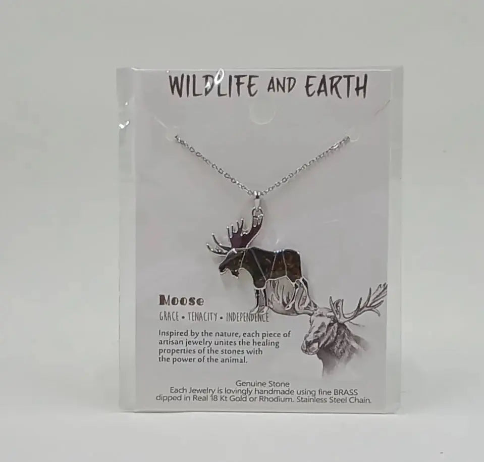 This animal necklace is shaped like a moose and filled with tigers eye gemstones