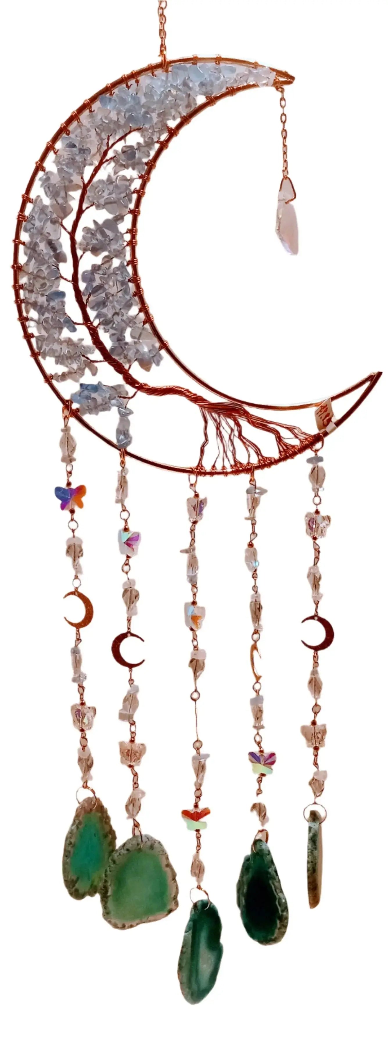 Crystal dream catcher: Crescent Moon combine with the tree of life and blue agate Round The Mountain Gift Shop
