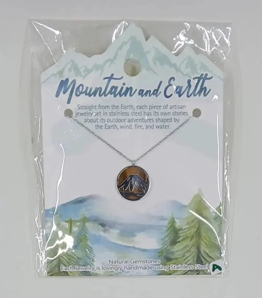 Circular mountain necklace made of stainless steel and filled with tigers eye stones