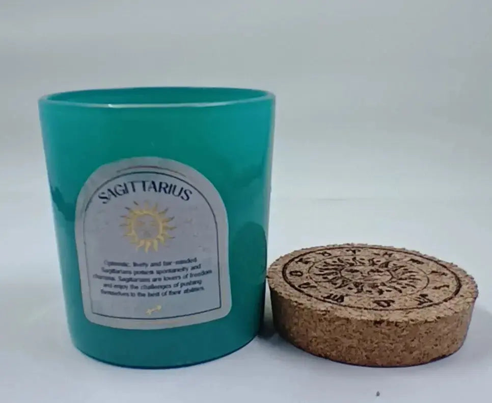 Zodiac Candles: Sagittarius with blue turquoise Round The Mountain Gift Shop