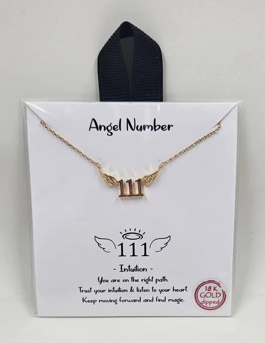 Angel Number Necklace with 111 in the center and angel wings surrounding it. Meant to represent intuition. Round The Mountain Gift Shop
