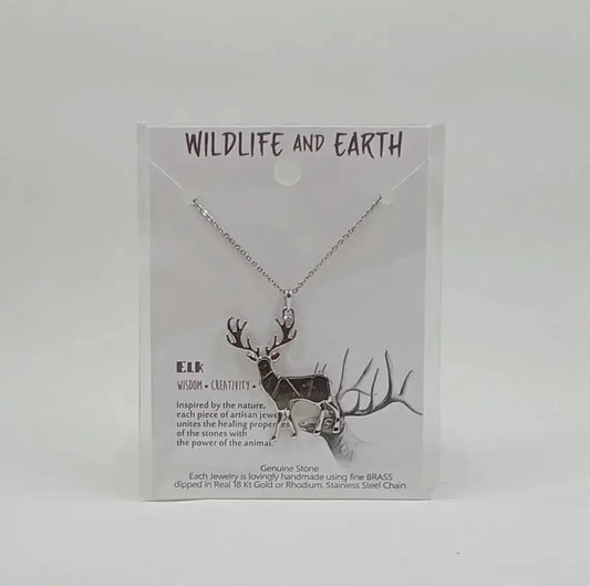 Elk Necklace with tigers eye for wisdom, creativity and stamina Round The Mountain Gift Shop