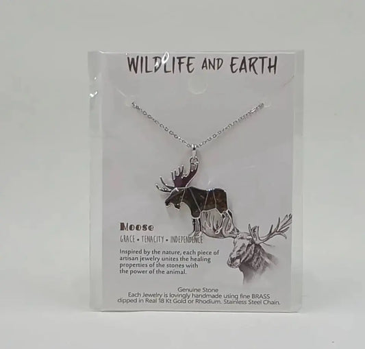 This animal necklace is shaped like a moose and filled with tigers eye gemstones