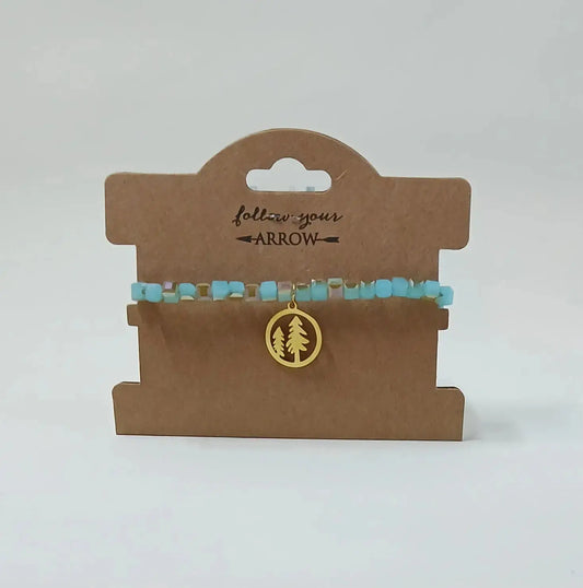 blue beaded bracelet with trees Round The Mountain Gift Shop