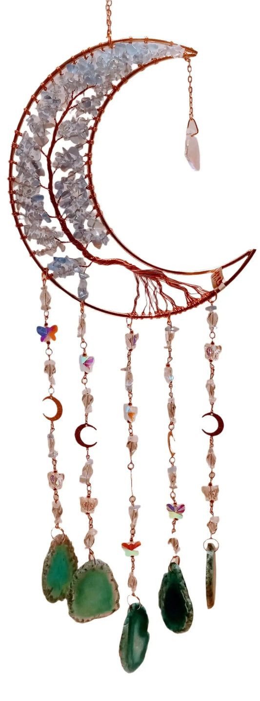 Crystal dream catcher: Crescent Moon combine with the tree of life and blue agate Round The Mountain Gift Shop