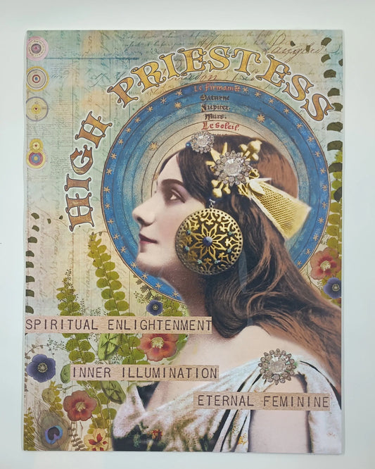 Collage depicting the High Priestess Tarot Card with a woman holding flowers on it.