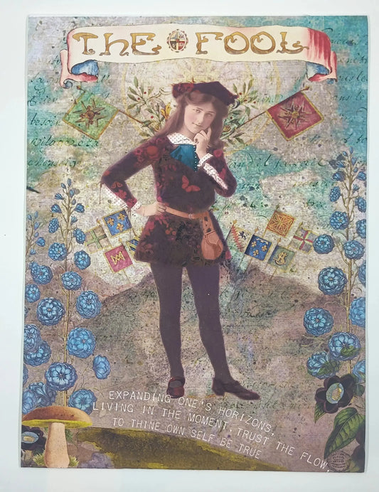 Says the fool and expand ones horizons, living in the moment, trust the flow and to think own self be true. Has an image of a brown haired girl with flowers and flags